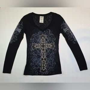 Vocal Black Long Sleeve Top with Silver Cross Design